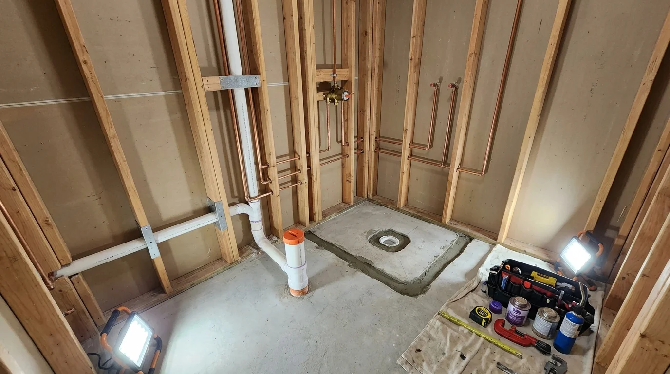 Bathroom rough-in plumbing during remodel by Johns Plumbing LLC in Skowhegan