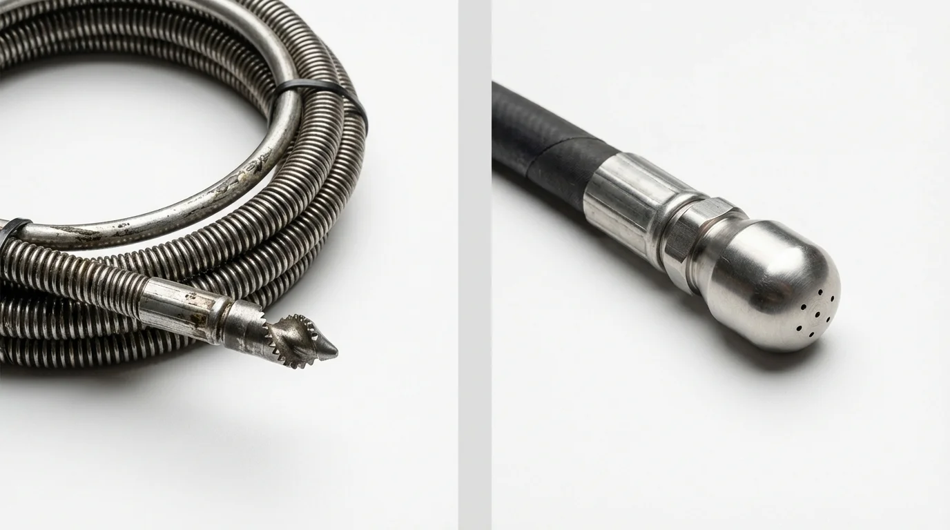 Drain snake cable and hydro jetting nozzle used for drain cleaning in Skowhegan, ME