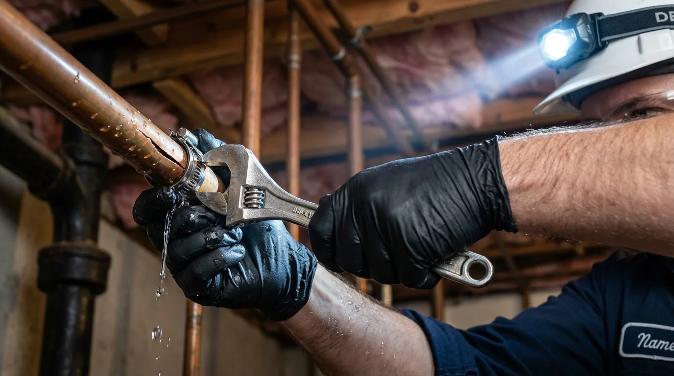 Emergency pipe clamp repair being performed by a Johns Plumbing LLC plumber in Skowhegan