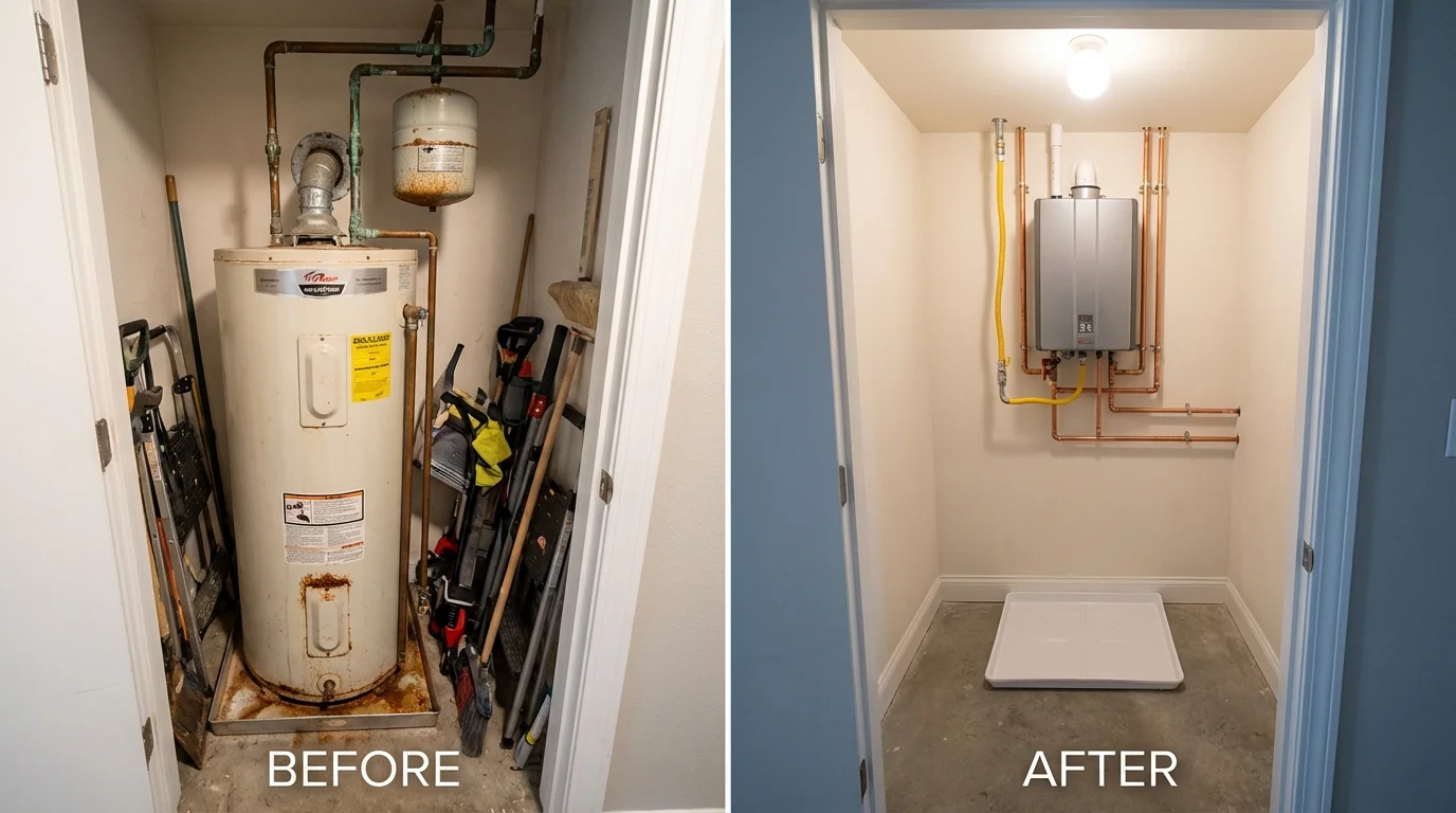 Tank water heater versus wall-mounted tankless unit comparison for Skowhegan, ME homeowners