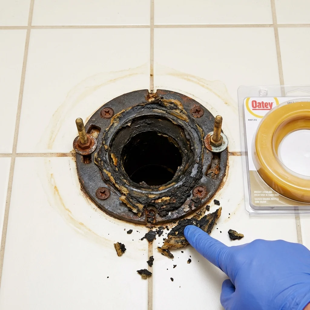 Failed wax ring showing water seepage at the base of a toilet in a Skowhegan, ME home