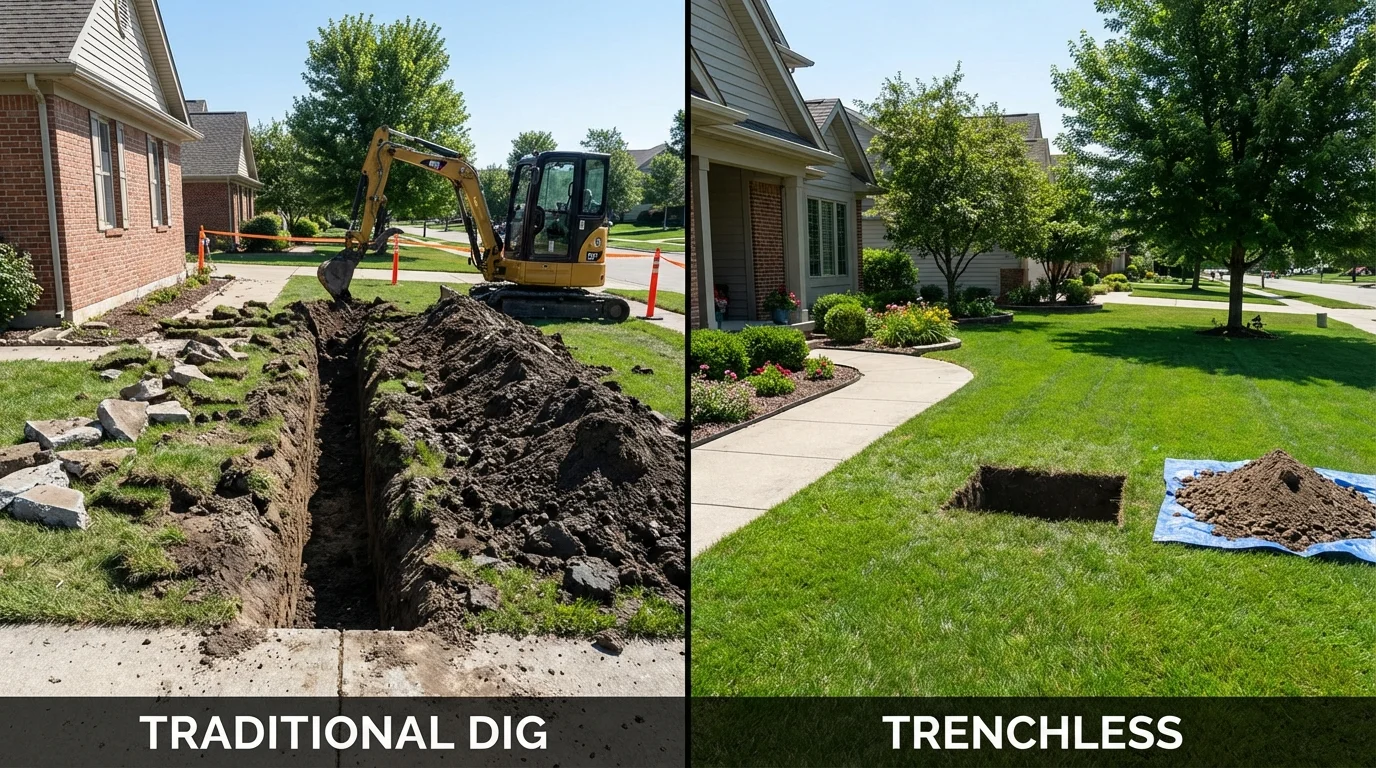 Trenchless sewer repair with minimal yard damage versus traditional excavation in Skowhegan, ME
