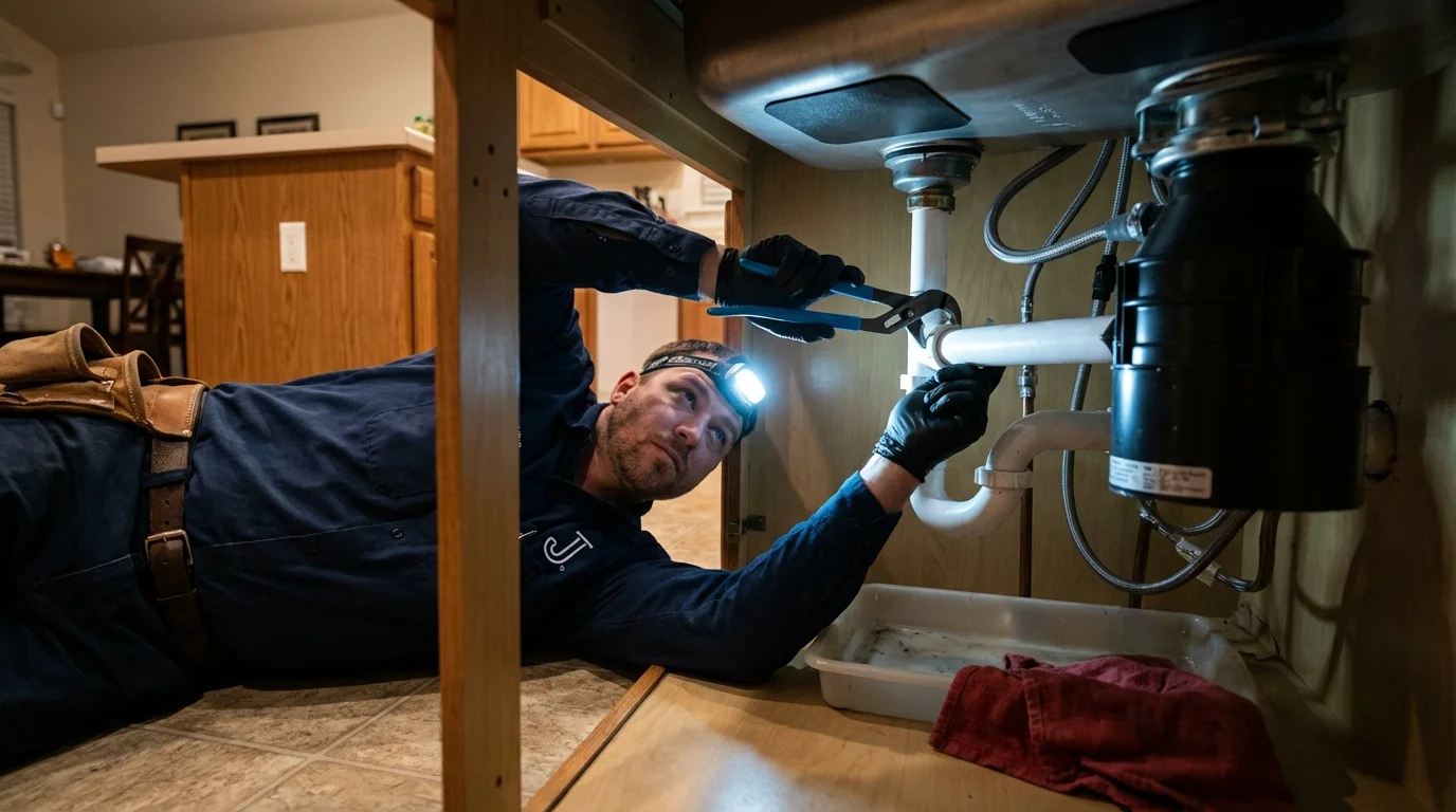 P-trap and supply line connections under a kitchen sink showing a common leak point in Skowhegan, ME